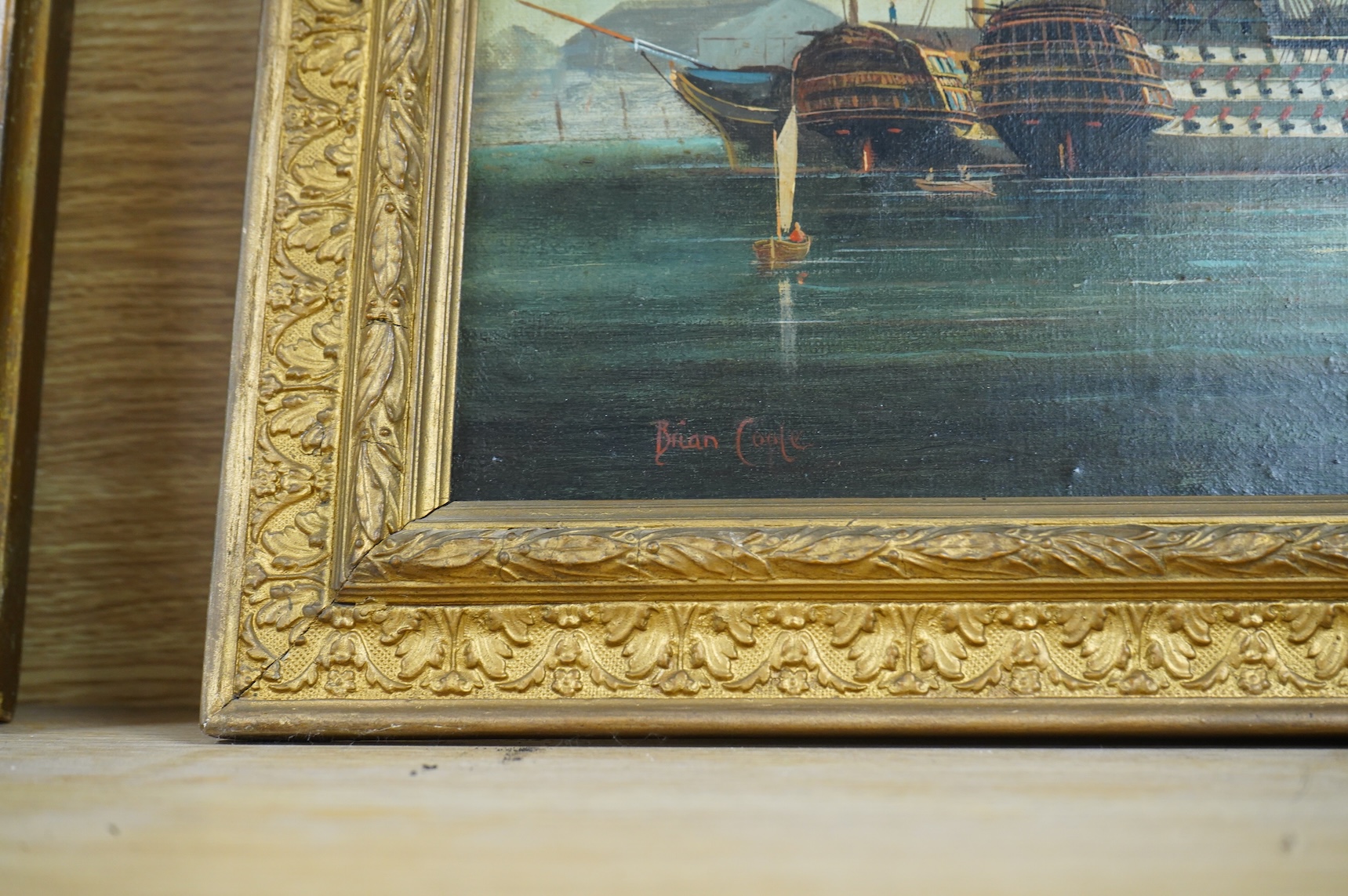 Brian Coole (1939-2022), Dockyard scene, probably Portsmouth, signed, oil on canvas, 25 x 25cm, gilt frame